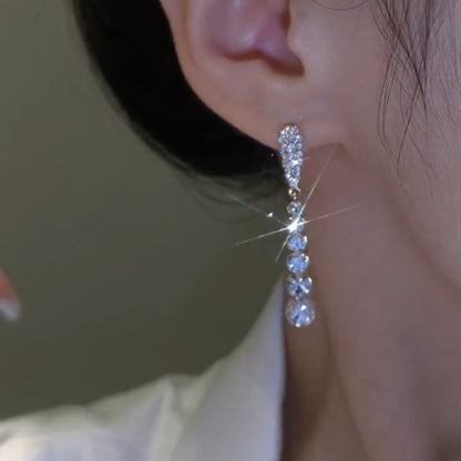 Sterling Silver Needle High-grade Long Rhinestone Tassel Earrings